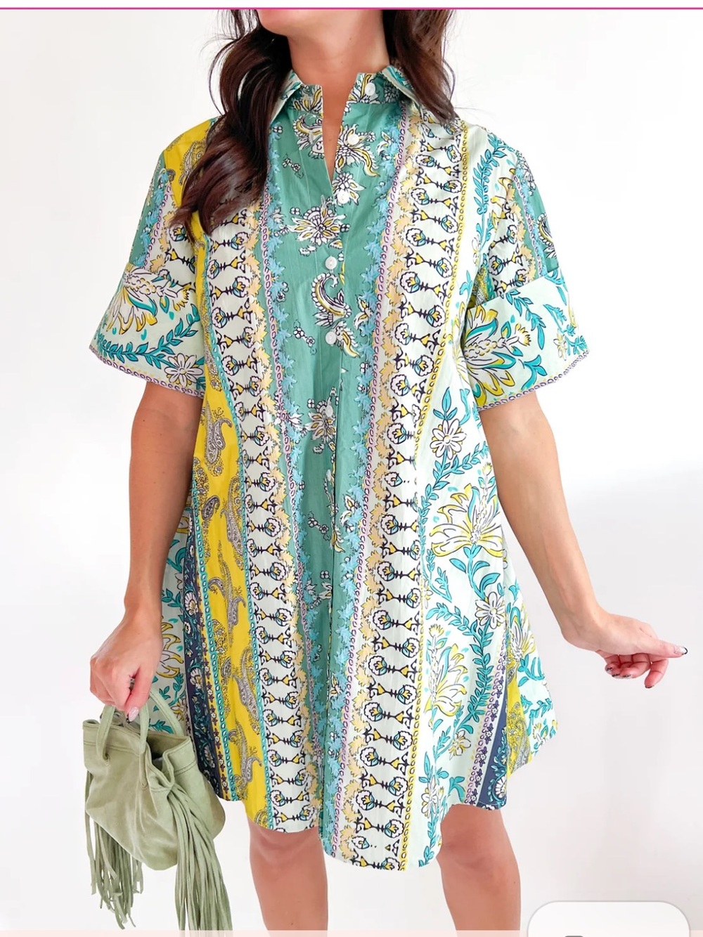 LIVRO Dock Dress Small NWT Green Paisley Ribbon Mini Sleeves Swing Collar Button